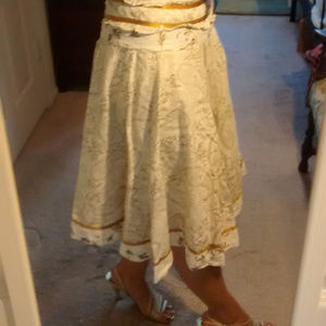 Flowy ivory A-line skirt, gold paisley design- M